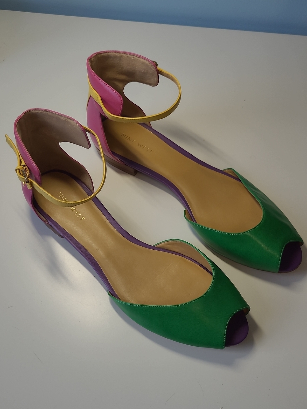 Colorblock Ankle-Strap Peep Toe Flats - Green/Pink/Yellow by Nine West - Size 10